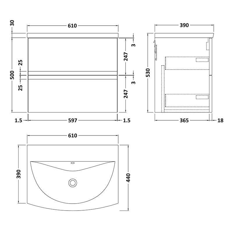 Hudson Reed Urban Wall Hung Double Drawer 600mm Vanity Unit & Curved Ceramic Basin (1 size, 5 colours) - Brand New Bathrooms