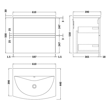 Hudson Reed Urban Wall Hung Double Drawer 600mm Vanity Unit & Curved Ceramic Basin (1 size, 5 colours) - Brand New Bathrooms