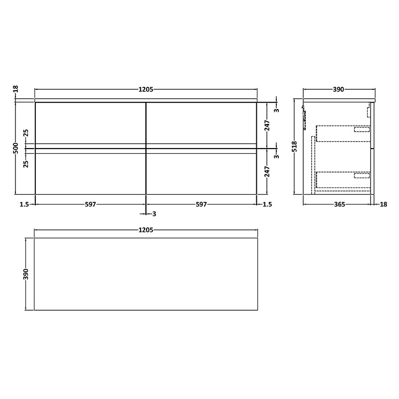 Hudson Reed Urban Wall Hung Four Drawer 1200mm Unit & Matching Worktop (1 size, 5 colours) - Brand New Bathrooms