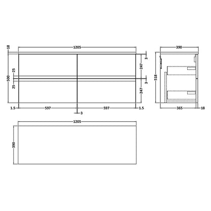 Hudson Reed Urban Wall Hung Four Drawer 1200mm Unit & Matching Worktop (1 size, 5 colours) - Brand New Bathrooms