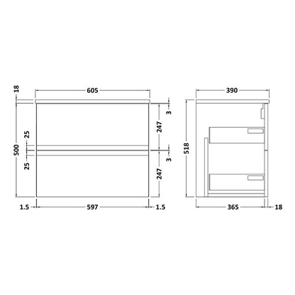 Hudson Reed Urban Wall Hung Double Drawer 600mm Vanity Unit with Matching Worktop (1 size, 5 colours) - Brand New Bathrooms