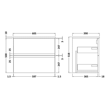 Hudson Reed Urban Wall Hung Double Drawer 600mm Vanity Unit with Matching Worktop (1 size, 5 colours) - Brand New Bathrooms