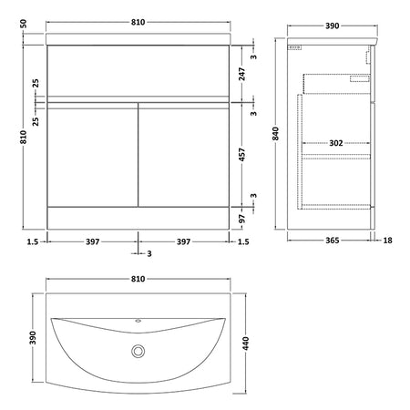 Hudson Reed Urban Floor Standing Double Door 800mm Vanity Unit with Curved Ceramic Basin (1 size, 5 colours) - Brand New Bathrooms