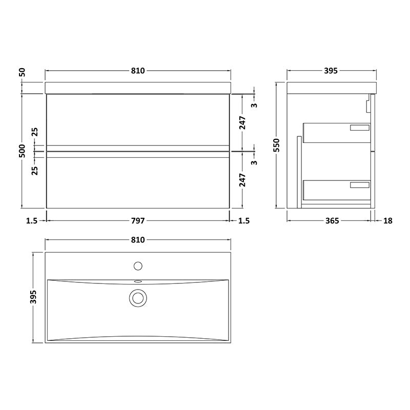 Hudson Reed Urban Wall Hung Double Drawer 800mm Vanity Unit with Thin-Edge Ceramic Basin (1 size, 5 colours) - Brand New Bathrooms