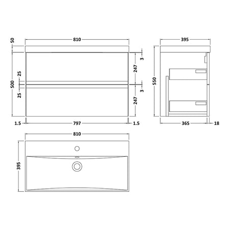 Hudson Reed Urban Wall Hung Double Drawer 800mm Vanity Unit with Thin-Edge Ceramic Basin (1 size, 5 colours) - Brand New Bathrooms