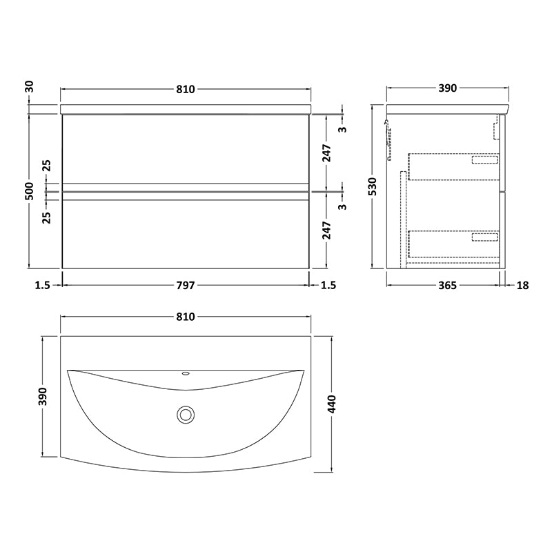 Hudson Reed Urban Wall Hung Double Drawer 800mm Vanity Unit with Curved Ceramic Basin (1 size, 5 colours) - Brand New Bathrooms