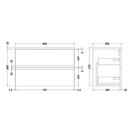 Hudson Reed Urban Wall Hung Double Drawer 800mm Vanity Unit with Bellato Grey Worktop (1 size, 5 colours) - Brand New Bathrooms