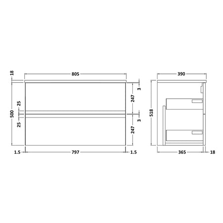 Hudson Reed Urban Wall Hung Double Drawer 800mm Vanity Unit with Matching Worktop (1 size, 5 colours) - Brand New Bathrooms
