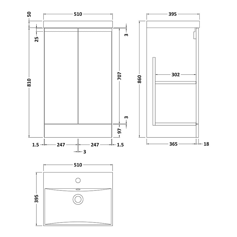 Hudson Reed Urban Floor Standing Double Door 500mm Vanity Unit with Thin-Edge Ceramic Basin (1 size, 5 colours) - Brand New Bathrooms