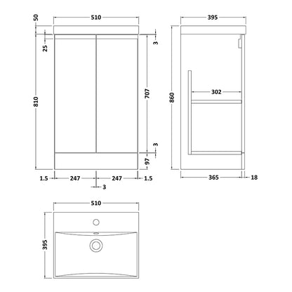 Hudson Reed Urban Floor Standing Double Door 500mm Vanity Unit with Thin-Edge Ceramic Basin (1 size, 5 colours) - Brand New Bathrooms
