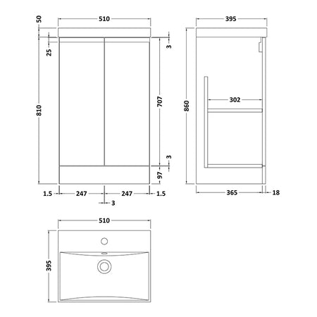 Hudson Reed Urban Floor Standing Double Door 500mm Vanity Unit with Thin-Edge Ceramic Basin (1 size, 5 colours) - Brand New Bathrooms