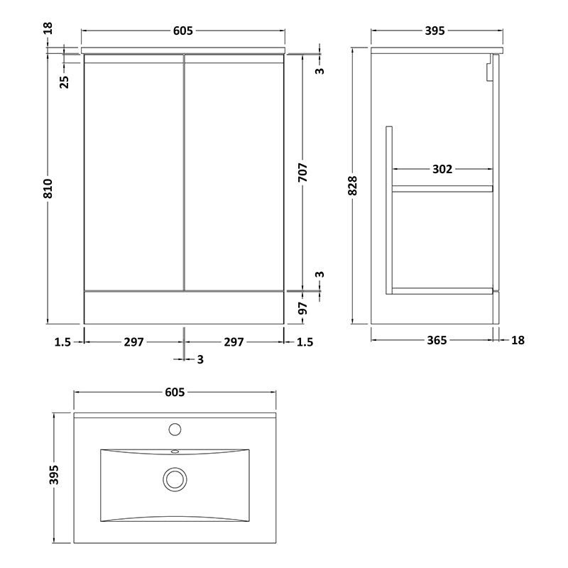 Hudson Reed Urban Floor Standing Double Door 600mm Vanity Unit & Minimalist Ceramic Basin (1 size, 5 colours) - Brand New Bathrooms