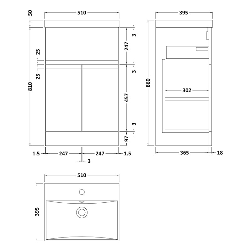 Hudson Reed Urban Floor Standing Double Door/Single Drawer 500mm Unit and Ceramic Thin-Edge Basin (1 size, 5 colours) - Brand New Bathrooms