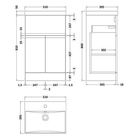 Hudson Reed Urban Floor Standing Double Door/Single Drawer 500mm Unit and Ceramic Thin-Edge Basin (1 size, 5 colours) - Brand New Bathrooms