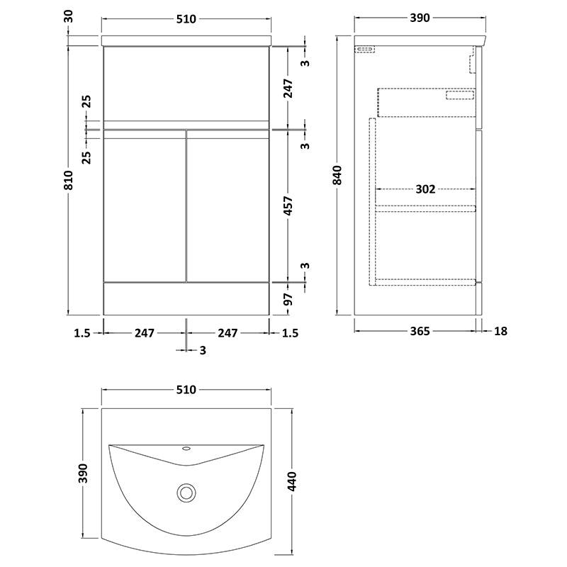 Hudson Reed Urban Floor Standing Double Door/Single Drawer 500mm Unit and Curved Ceramic Basin (1 size, 5 colours) - Brand New Bathrooms