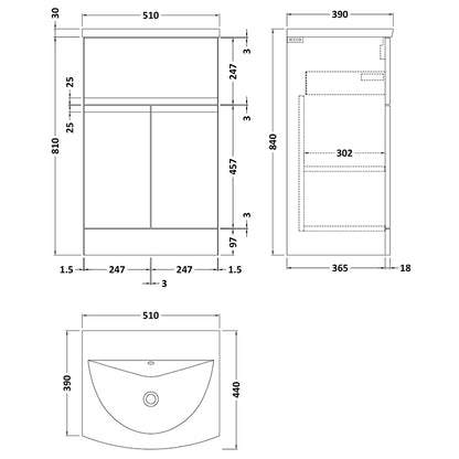 Hudson Reed Urban Floor Standing Double Door/Single Drawer 500mm Unit and Curved Ceramic Basin (1 size, 5 colours) - Brand New Bathrooms