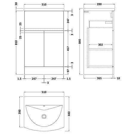 Hudson Reed Urban Floor Standing Double Door/Single Drawer 500mm Unit and Curved Ceramic Basin (1 size, 5 colours) - Brand New Bathrooms