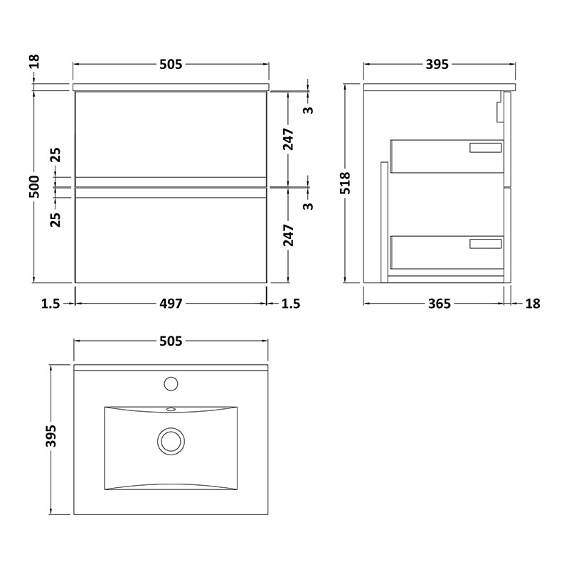 Hudson Reed Wall Hung Double Drawer 500mm Vanity Unit & Ceramic Minimalist Basin (1 size, 5 colours) - Brand New Bathrooms