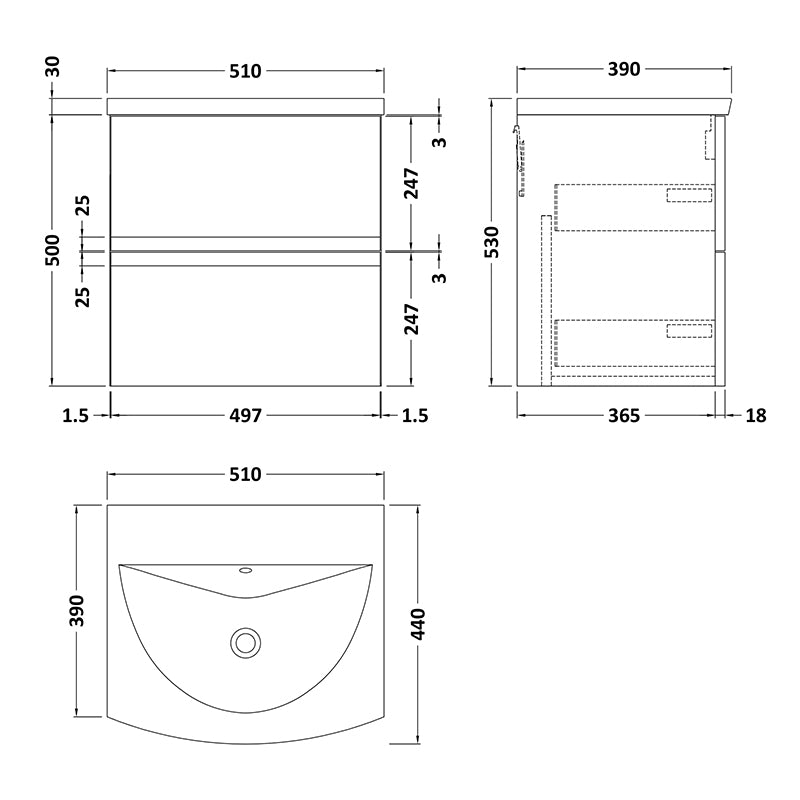 Hudson Reed Wall Hung Double Drawer 500mm Vanity Unit & Curved Ceramic Basin (1 size, 5 colours) - Brand New Bathrooms