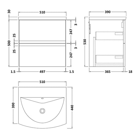 Hudson Reed Wall Hung Double Drawer 500mm Vanity Unit & Curved Ceramic Basin (1 size, 5 colours) - Brand New Bathrooms