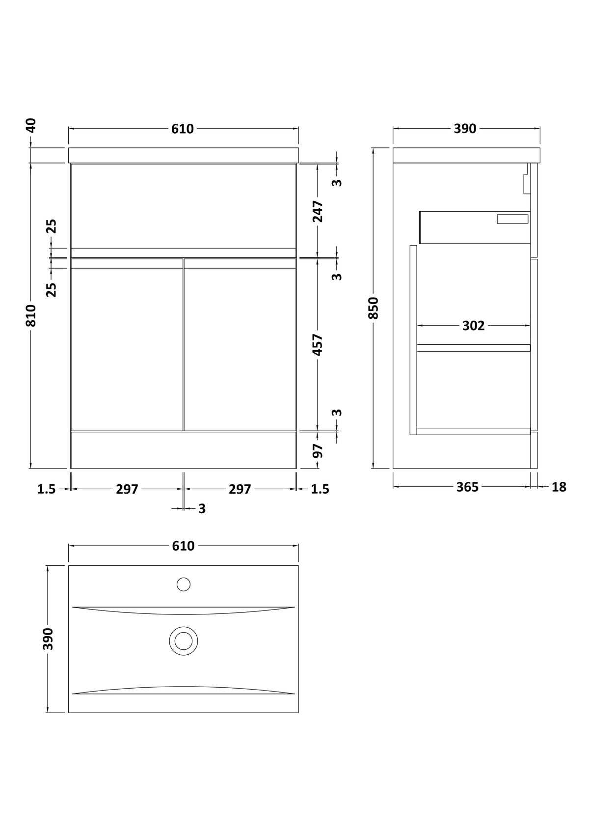 Hudson Reed Urban Floor Standing Double Door/Single Drawer 600mm Unit and Mid-Edge Ceramic Basin (1 size, 5 colours) - Brand New Bathrooms