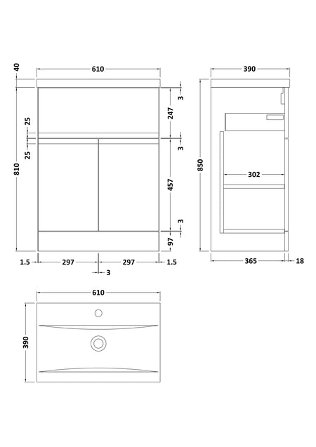 Hudson Reed Urban Floor Standing Double Door/Single Drawer 600mm Unit and Mid-Edge Ceramic Basin (1 size, 5 colours) - Brand New Bathrooms