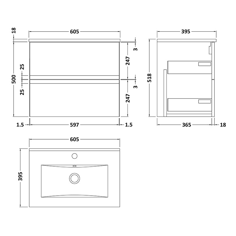 Hudson Reed Urban Wall Hung Double Drawer 600mm Vanity Unit & Minimalist Ceramic Basin (1 size, 5 colours) - Brand New Bathrooms