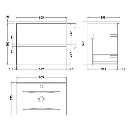 Hudson Reed Urban Wall Hung Double Drawer 600mm Vanity Unit & Minimalist Ceramic Basin (1 size, 5 colours) - Brand New Bathrooms