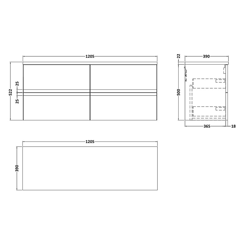 Hudson Reed Urban Wall Hung Four Drawer 1200mm Unit & Laminate Bellato Grey Worktop (1 size, 5 colours) - Brand New Bathrooms