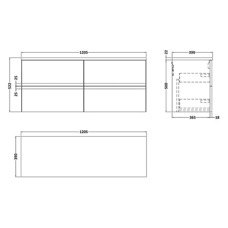 Hudson Reed Urban Wall Hung Four Drawer 1200mm Unit & Laminate Bellato Grey Worktop (1 size, 5 colours) - Brand New Bathrooms