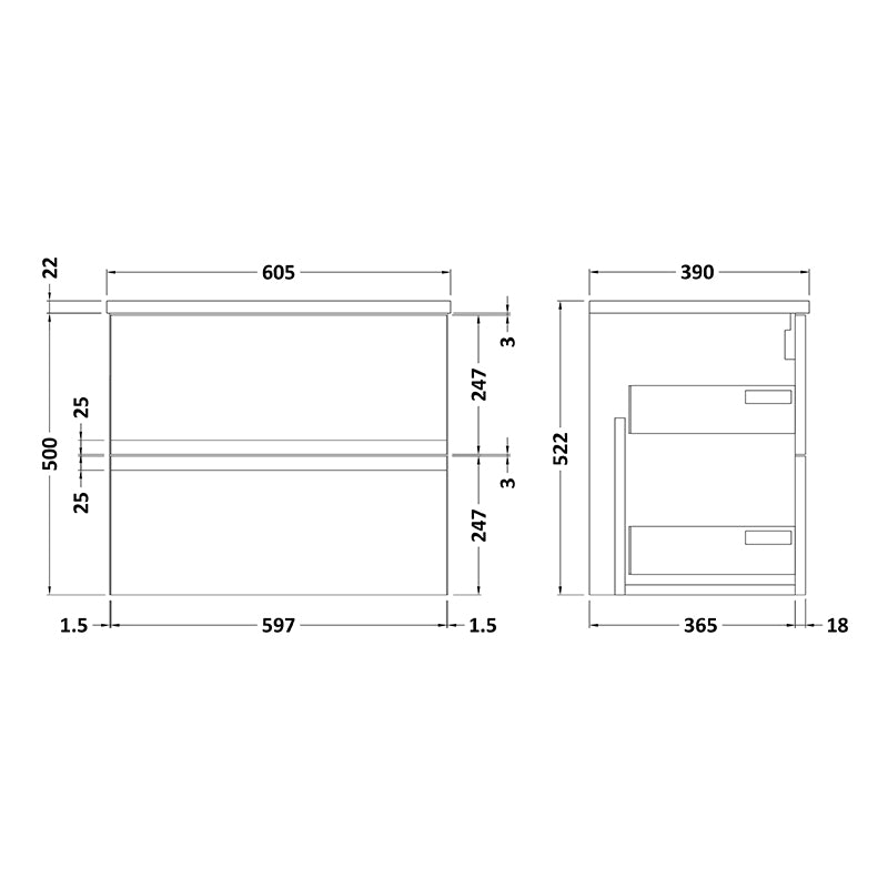 Hudson Reed Urban Wall Hung Double Drawer 600mm Unit & Laminate Worktop (1 size, 5 colours) - Brand New Bathrooms
