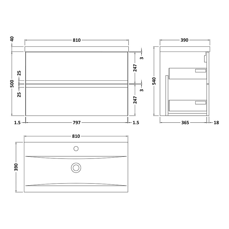 Hudson Reed Urban Wall Hung Double Drawer 800mm Vanity Unit with Mid-Edge Ceramic Basin (1 size, 5 colours) - Brand New Bathrooms