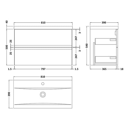 Hudson Reed Urban Wall Hung Double Drawer 800mm Vanity Unit with Mid-Edge Ceramic Basin (1 size, 5 colours) - Brand New Bathrooms