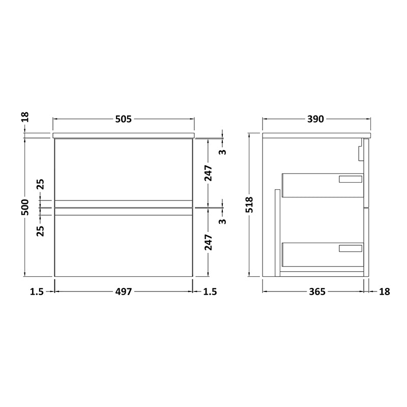 Hudson Reed Urban Wall Hung Double Drawer 500mm Vanity Unit with Matching Worktop (1 size, 4 colours) - Brand New Bathrooms