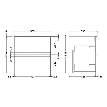 Hudson Reed Urban Wall Hung Double Drawer 500mm Vanity Unit with Matching Worktop (1 size, 4 colours) - Brand New Bathrooms