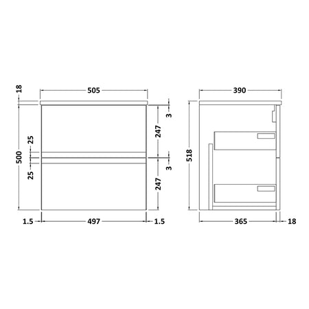 Hudson Reed Urban Wall Hung Double Drawer 500mm Vanity Unit with Matching Worktop (1 size, 4 colours) - Brand New Bathrooms