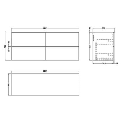 Hudson Reed Urban Wall Hung Four Drawer 1200mm Unit & Laminate Worktop (1 size, 5 colours) - Brand New Bathrooms
