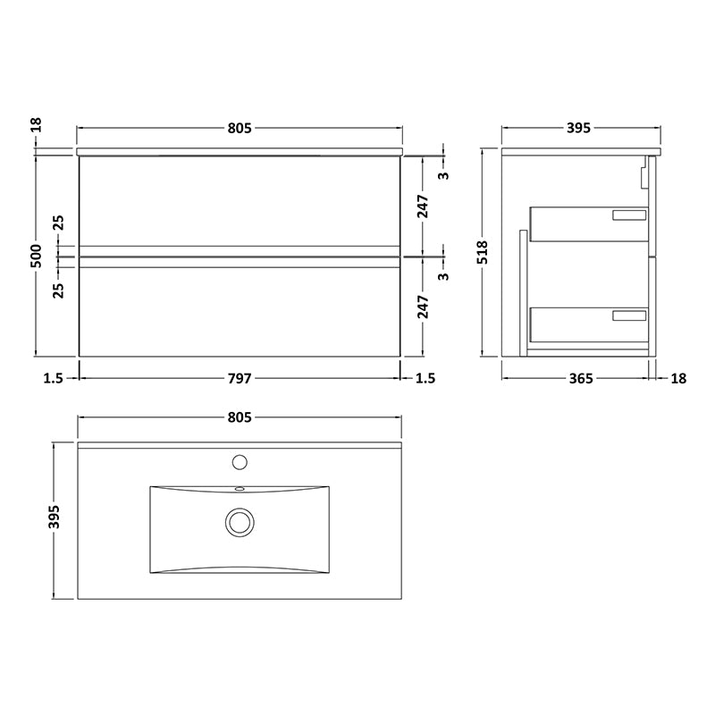 Hudson Reed Urban Wall Hung Double Drawer 800mm Unit & Minimalist Ceramic Basin (1 size, 5 colours) - Brand New Bathrooms