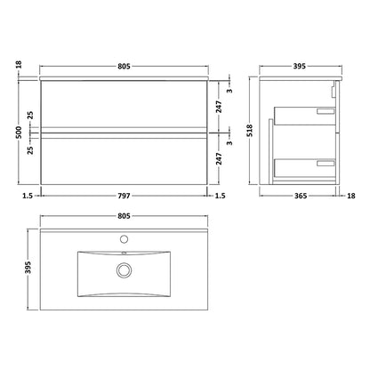 Hudson Reed Urban Wall Hung Double Drawer 800mm Unit & Minimalist Ceramic Basin (1 size, 5 colours) - Brand New Bathrooms