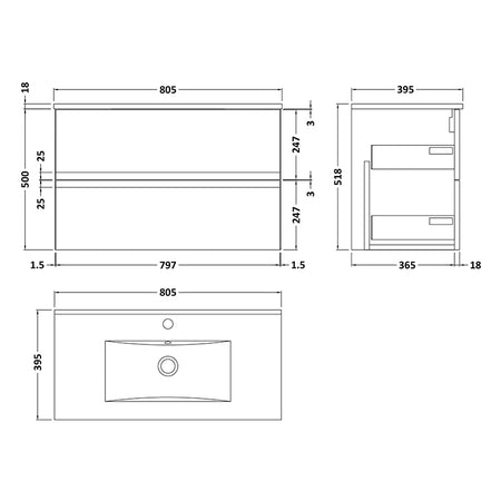 Hudson Reed Urban Wall Hung Double Drawer 800mm Unit & Minimalist Ceramic Basin (1 size, 5 colours) - Brand New Bathrooms