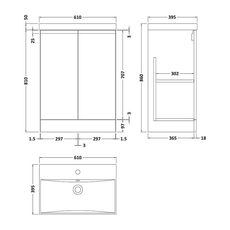 Hudson Reed Urban Floor Standing Double Door 600mm Vanity Unit & Thin-Edge Ceramic Basin (1 size, 5 colours) - Brand New Bathrooms