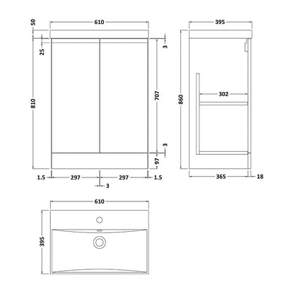 Hudson Reed Urban Floor Standing Double Door 600mm Vanity Unit & Thin-Edge Ceramic Basin (1 size, 5 colours) - Brand New Bathrooms