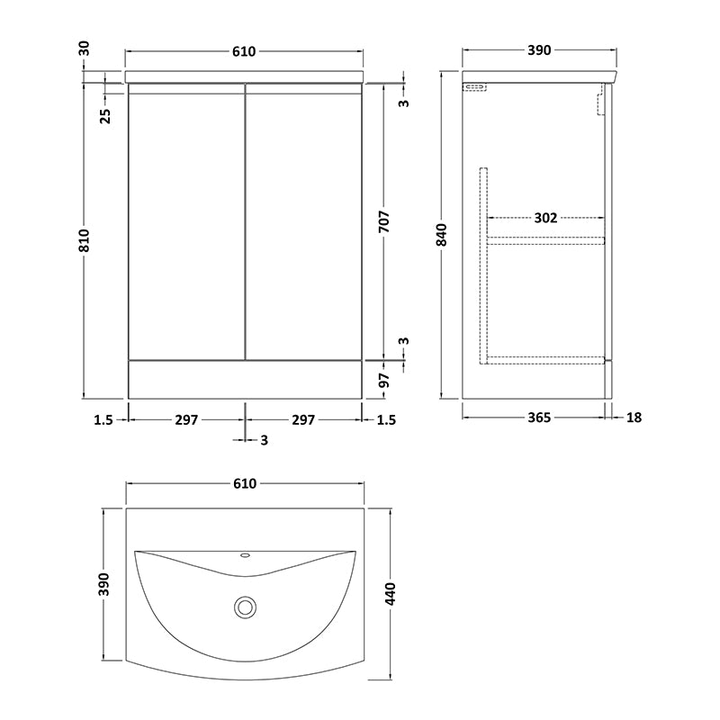 Hudson Reed Urban Floor Standing Double Door 600mm Vanity Unit & Curved Ceramic Basin (1 size, 5 colours) - Brand New Bathrooms