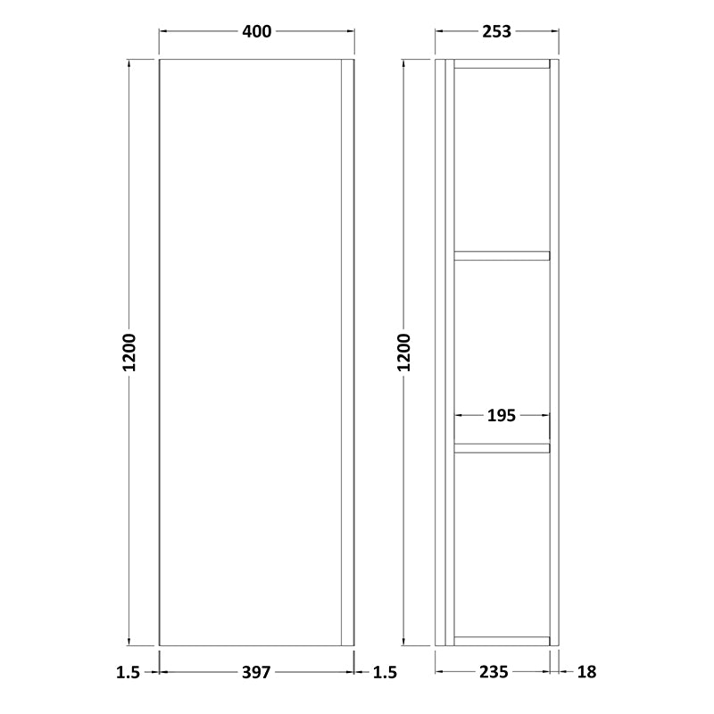 Hudson Reed Urban Wall Hung Single Door 1200mm Tall Boy Unit (1 size, 5 colours) - Brand New Bathrooms