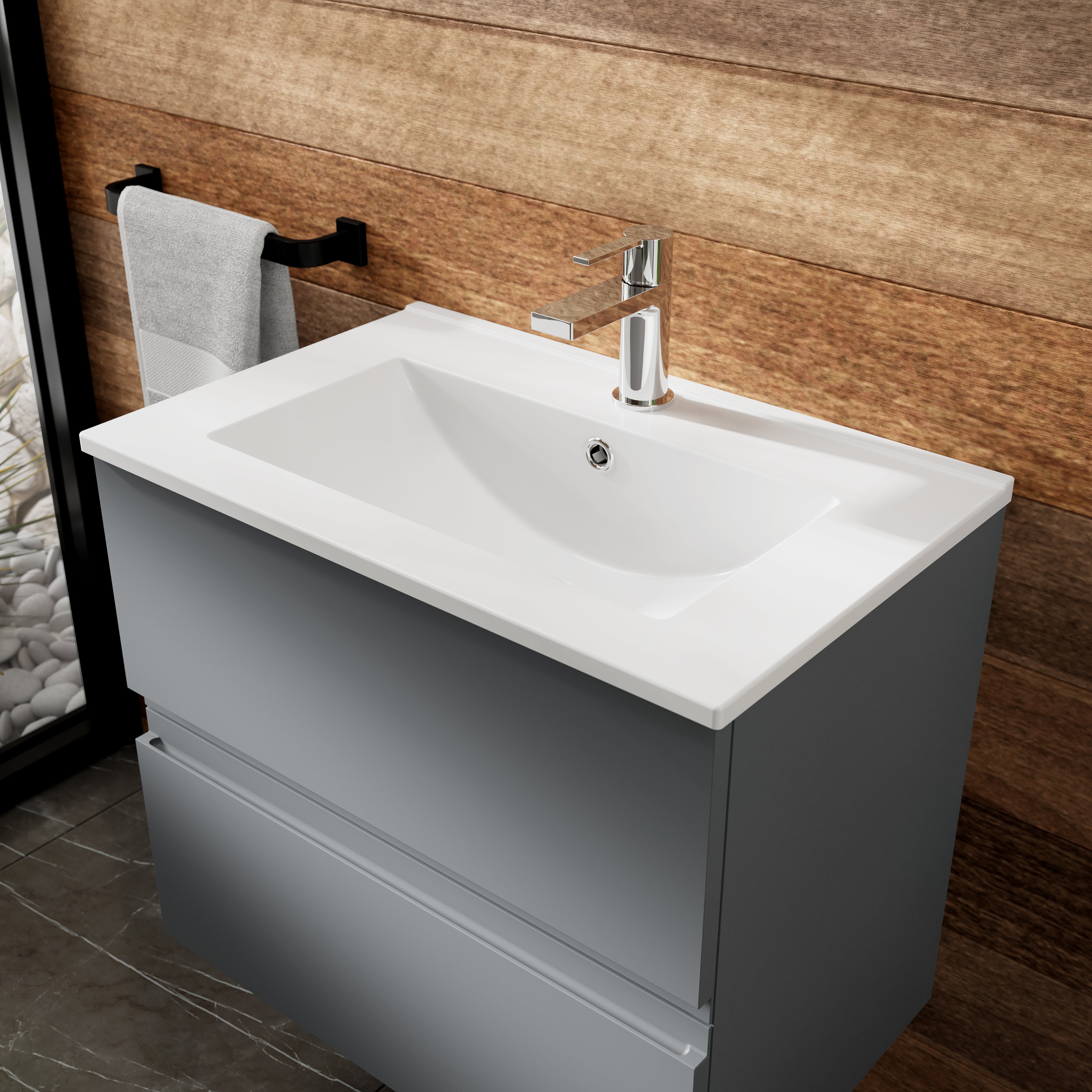 Hudson Reed Urban Wall Hung Double Drawer 600mm Vanity Unit & Minimalist Ceramic Basin (1 size, 5 colours) - Brand New Bathrooms