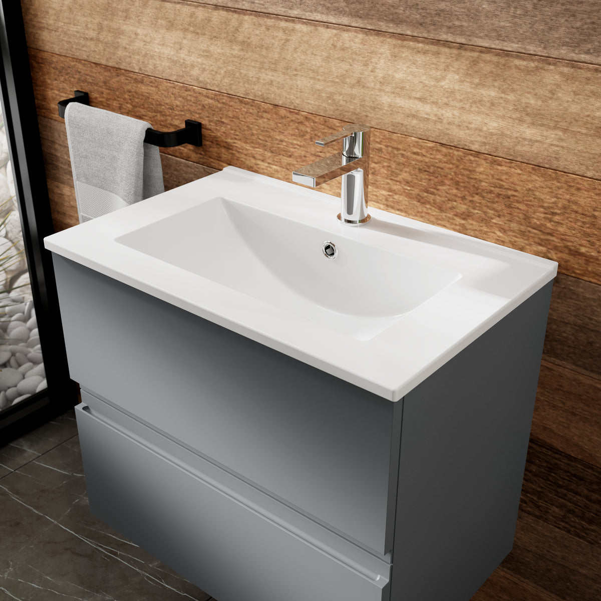 Hudson Reed Urban Wall Hung Double Drawer 800mm Unit & Minimalist Ceramic Basin (1 size, 5 colours) - Brand New Bathrooms