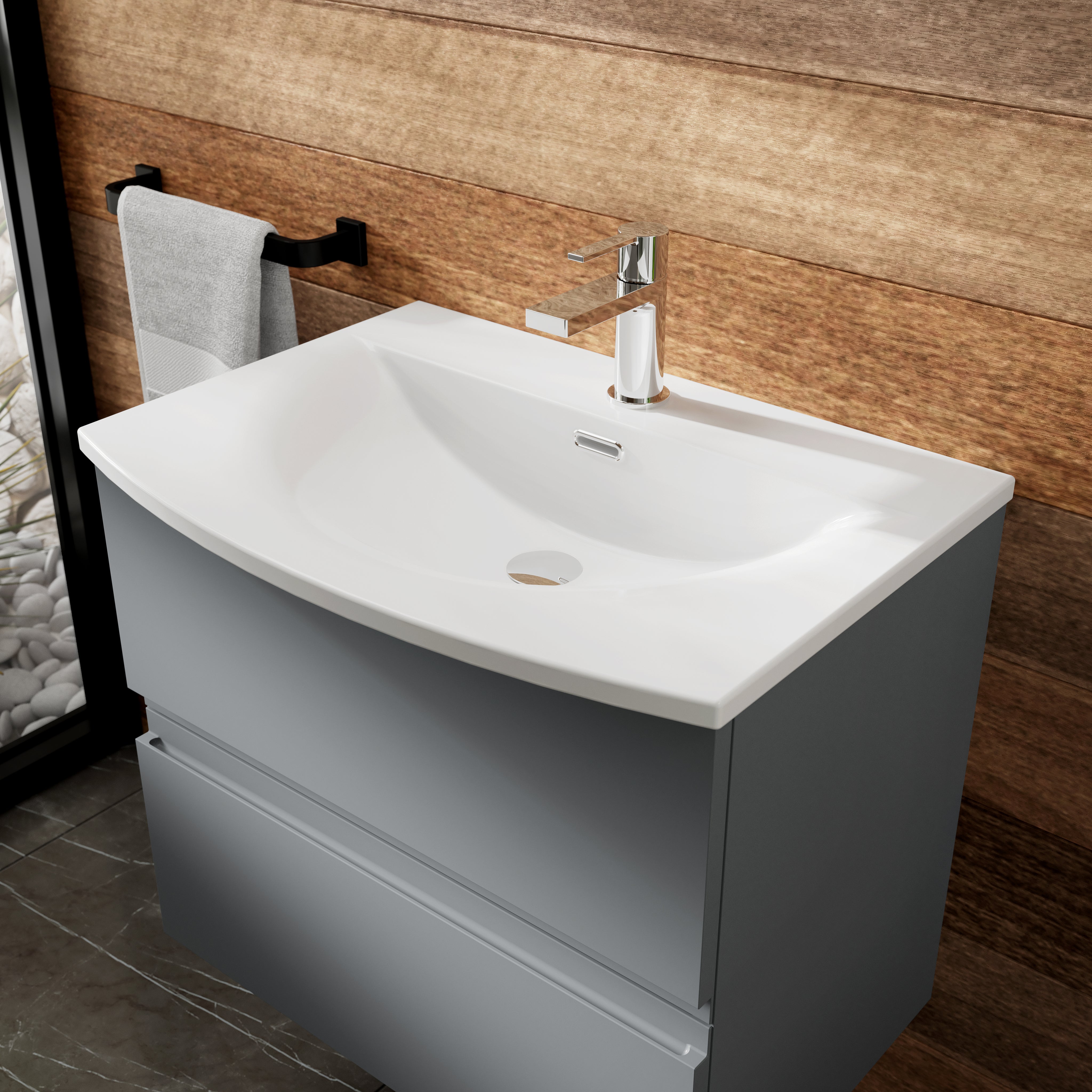 Hudson Reed Urban Wall Hung Double Drawer 600mm Vanity Unit & Curved Ceramic Basin (1 size, 5 colours) - Brand New Bathrooms