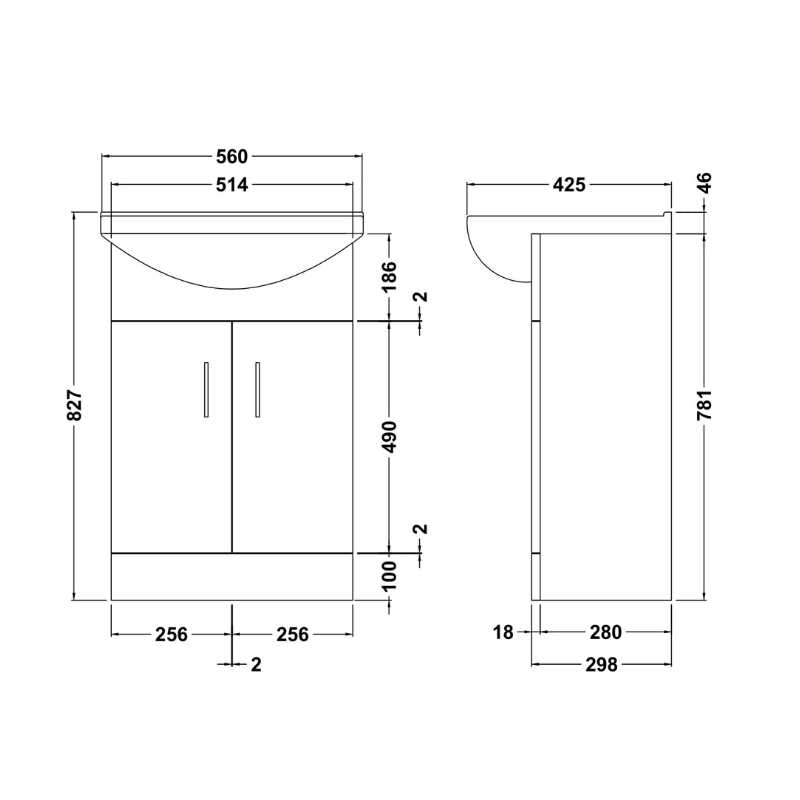 Nuie Mayford Floor Standing 2 Door Vanity Unit with Square Basin (2 sizes, Gloss White) - Brand New Bathrooms