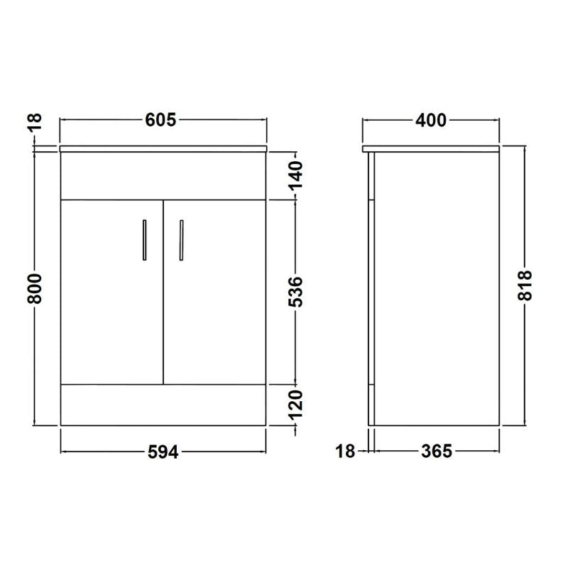 Nuie Eden Floor Standing Double Door 500/600mm Vanity Unit with Minimalist Basin (2 sizes, Gloss White) - Brand New Bathrooms
