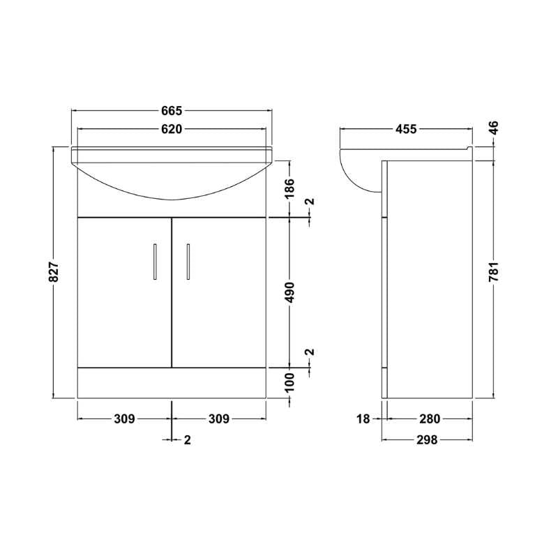 Nuie Mayford Floor Standing 2 Door Vanity Unit with Square Basin (2 sizes, Gloss White) - Brand New Bathrooms